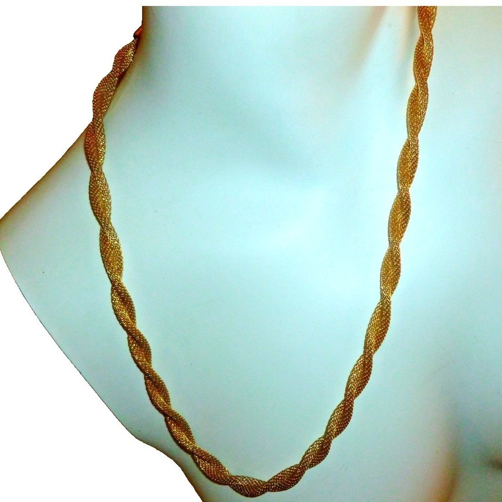 Vintage Gold Tone Twisted Mesh Chain Necklace Multi Strand Woven Statement 24in